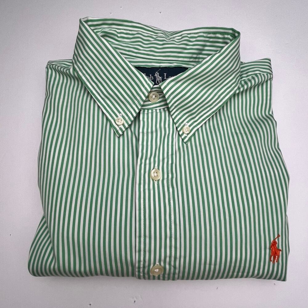 Ralph Lauren Custom Fit Green/White Stripes Orange Logo Button Down Shirt Large